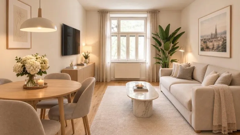 Heller, offener Wohn- und Essbereich mit Holzboden, modernen Möbeln und einem großen Fenster.