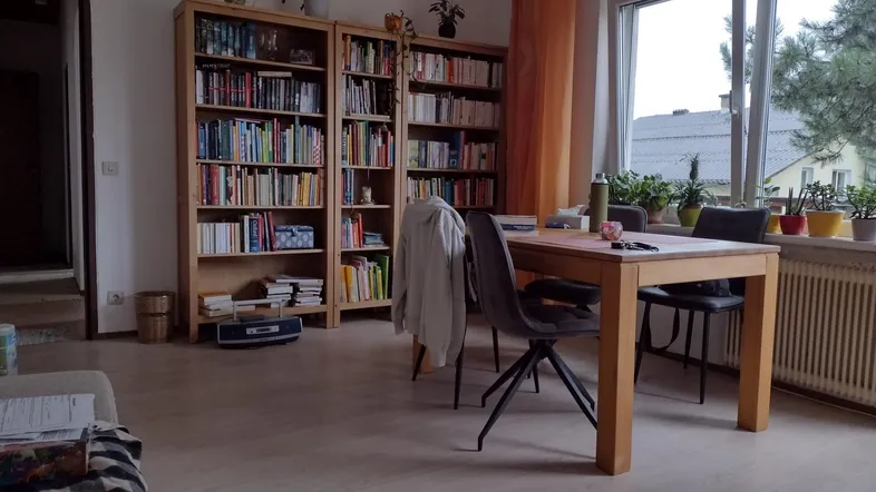 Heller Wohn- und Essbereich mit großen Bücherregalen, Esstisch und Blick ins Grüne.