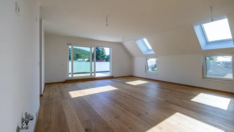Heller, geräumiger Raum mit Holzboden, Dachfenstern und Zugang zu einer Terrasse mit Weitblick.
