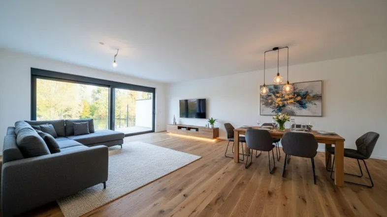 Heller Wohn- und Essbereich mit Holzboden, bequemer Couch und Zugang zur Terrasse mit Seeblick.