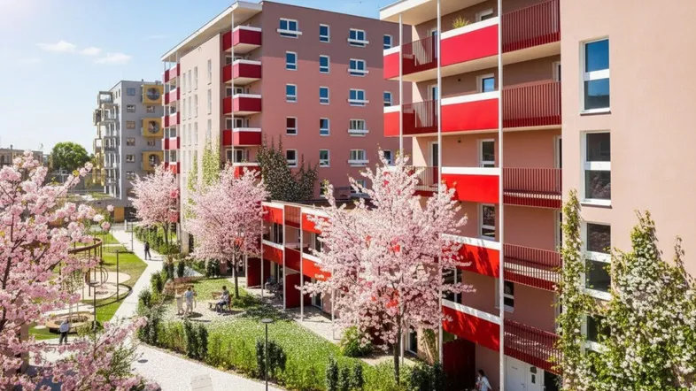 Moderne Wohngebäude mit roten Balkonen umgeben von einem gepflegten Gemeinschaftsgarten mit blühenden Bäumen und Spielplatz.