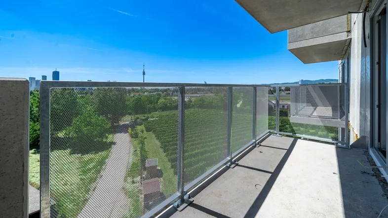 Geräumiger Balkon mit Metallgeländer bietet weiten Blick über Grünflächen und die Stadt.