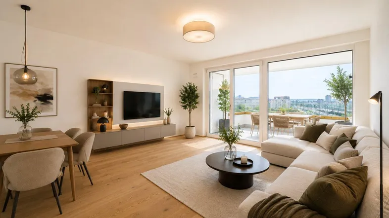 Helles Wohn- und Esszimmer mit Holzboden, moderner Einrichtung und Zugang zu einer großen Terrasse.