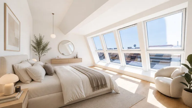 Helles Schlafzimmer mit großen Dachfenstern, Holzboden und moderner Einrichtung, bietet viel Tageslicht.
