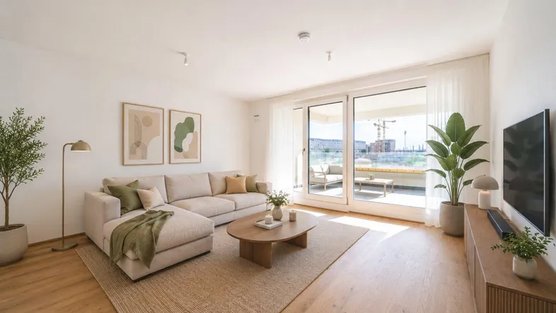 Helles Wohnzimmer mit modernem Sofa, Holzboden und Zugang zum Balkon mit Weitblick.