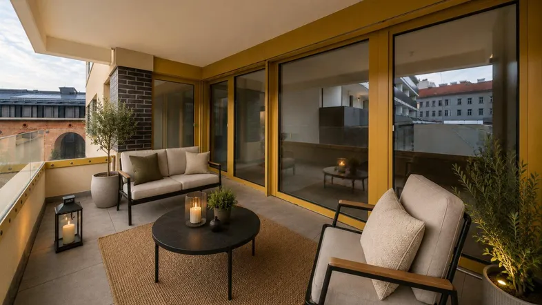 Gemütlicher Balkon mit modernen Outdoor-Möbeln und Blick auf die Stadt bei Sonnenuntergang.