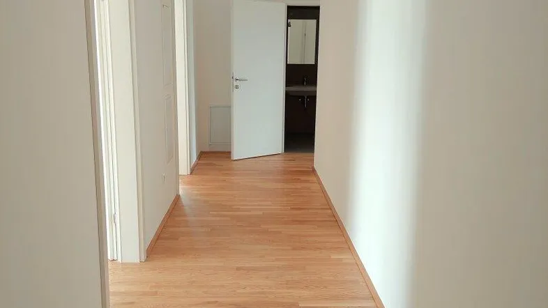 Heller Flur mit neuem Parkettboden und weißen Wänden, der zu weiteren Räumen führt.