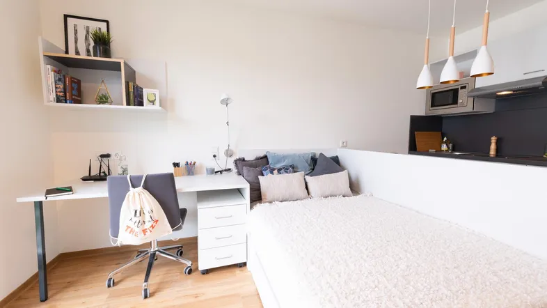 Helles, modernes Studio-Apartment mit Schlafbereich, Schreibtisch und integrierter Küchenzeile.