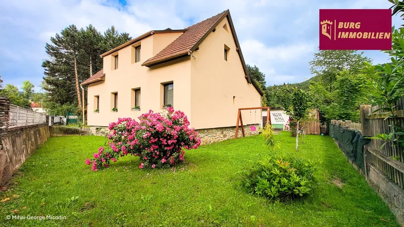 Ansicht des Hauses von der Gartenseite mit blühenden Rosen und gepflegtem Rasen.