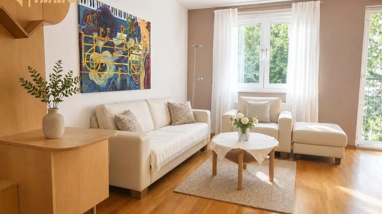 Helles Wohnzimmer mit beigem Sofa, Holzboden und einem großen Fenster, das viel Tageslicht hereinlässt.