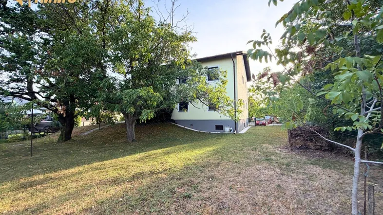 Großer Gartenbereich mit Rasen und Bäumen, der das Haus umgibt.