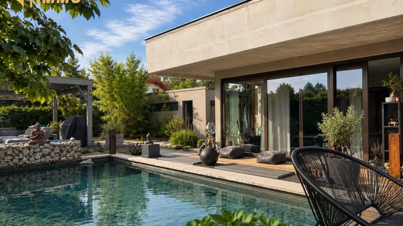 Moderne Terrasse mit Pool und Liegeflächen, umgeben von grüner Bepflanzung unter blauem Himmel.