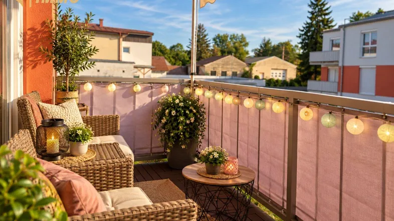 Gemütlicher Balkon mit Rattanmöbeln, Lichterkette und Markise, ideal für entspannte Stunden im Freien.