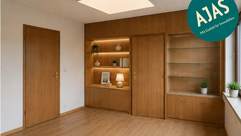 Heller Raum mit maßgefertigten Holzschränken, integrierten Regalen und Laminatboden.