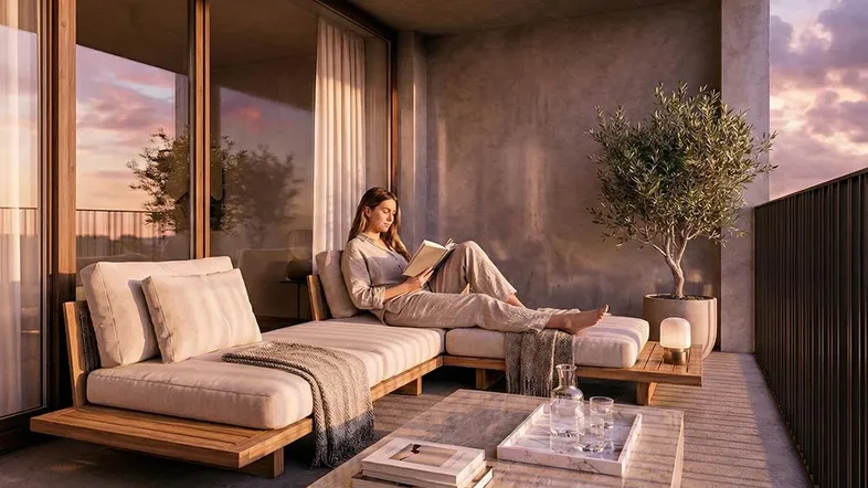 Gemütlicher Balkon mit bequemen Loungemöbeln und Blick in den Sonnenuntergang.