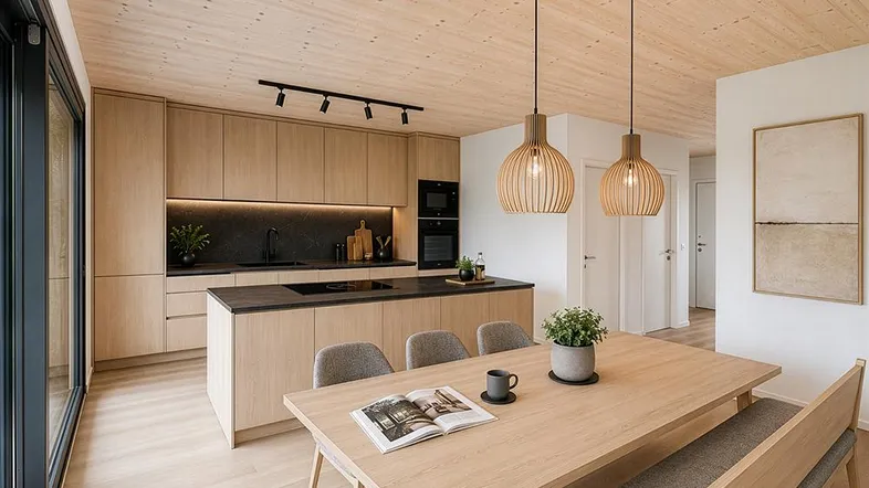 Moderne offene Küche mit Essbereich, Holzakzenten und Zugang zur Terrasse.