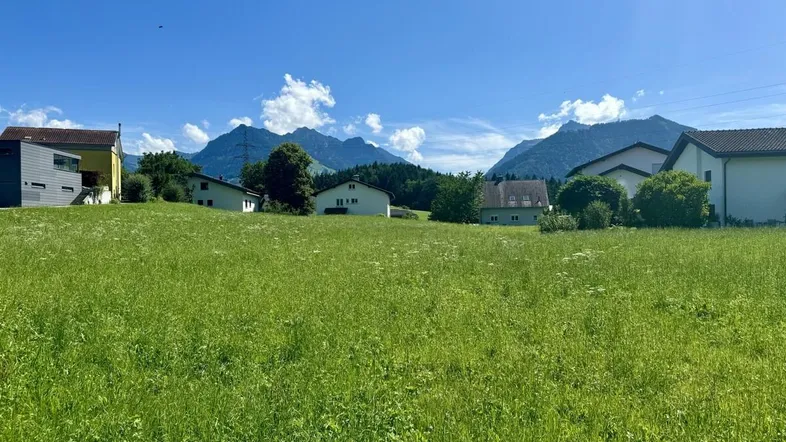 Weitläufige grüne Wiese mit Häusern im Hintergrund und majestätischem Bergblick unter blauem Himmel.