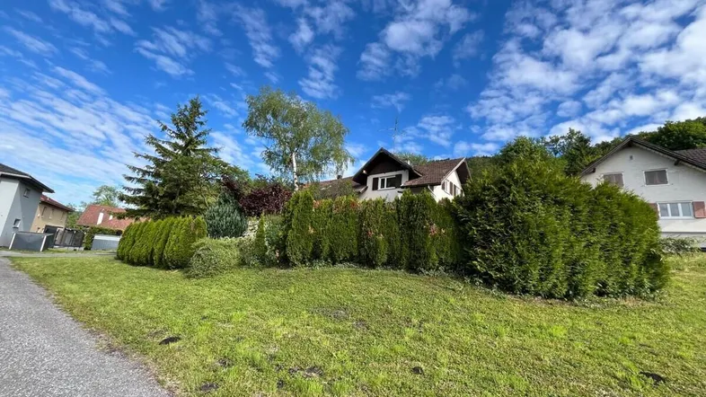 Hausansicht von der Straße mit gepflegtem Vorgarten und hohen Hecken unter blauem Himmel.