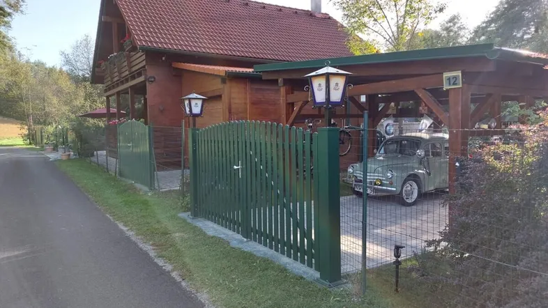 Ansicht des Holzhauses mit Carport und einem Oldtimer auf dem gepflasterten Vorplatz.