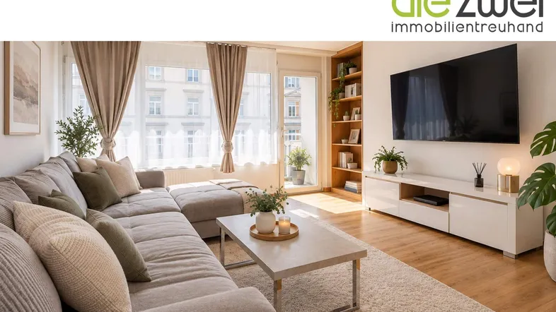 Helles Wohnzimmer mit großem Ecksofa, TV-Möbel und Zugang zum Balkon.