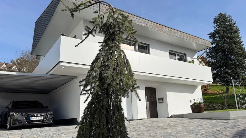 Moderne Hausfassade mit Carport, gepflasterter Zufahrt und Balkonen.