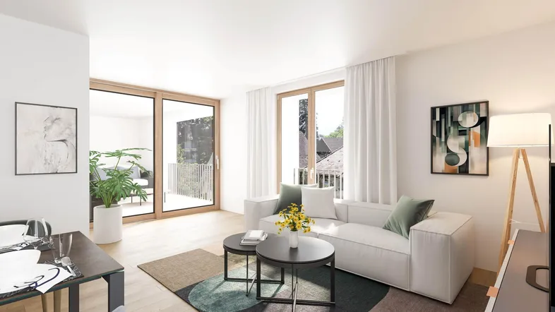 Helles Wohnzimmer mit modernem Sofa, Holzboden und Zugang zu einem Balkon.
