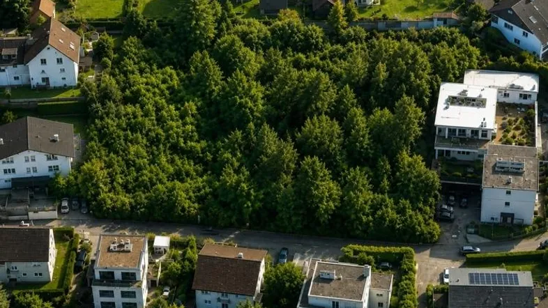Luftaufnahme eines großen, dicht bewaldeten Grundstücks umgeben von Wohnhäusern und Gärten in einer Siedlung.