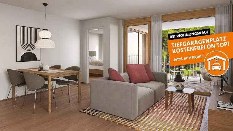 Moderner Wohn- und Essbereich mit Holzboden, beigem Sofa und Zugang zu einem Balkon.