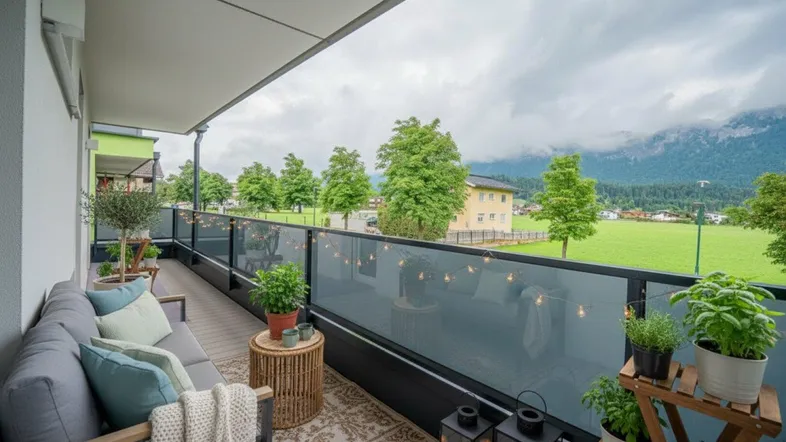 Geräumiger Balkon mit bequemen Loungemöbeln, Pflanzen und Blick auf die umliegende Berglandschaft.