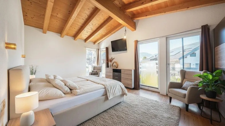 Helles Schlafzimmer mit Holzbalkendecke, großen Fenstern und gemütlichem Teppichboden.