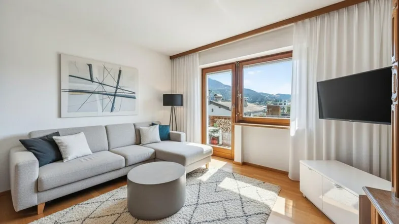 Helles Wohnzimmer mit bequemer Couch, Parkettboden und weitem Blick auf die umliegende Berglandschaft.