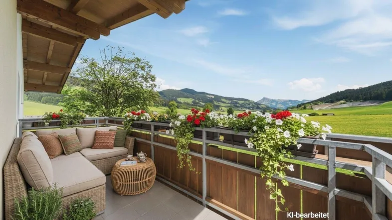 Gemütlicher Balkon mit Sitzgelegenheiten und weitem Blick auf die grüne Berglandschaft.