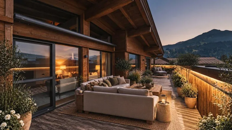 KI bearbeitet - Visualisierung Terrasse Abendstimmung