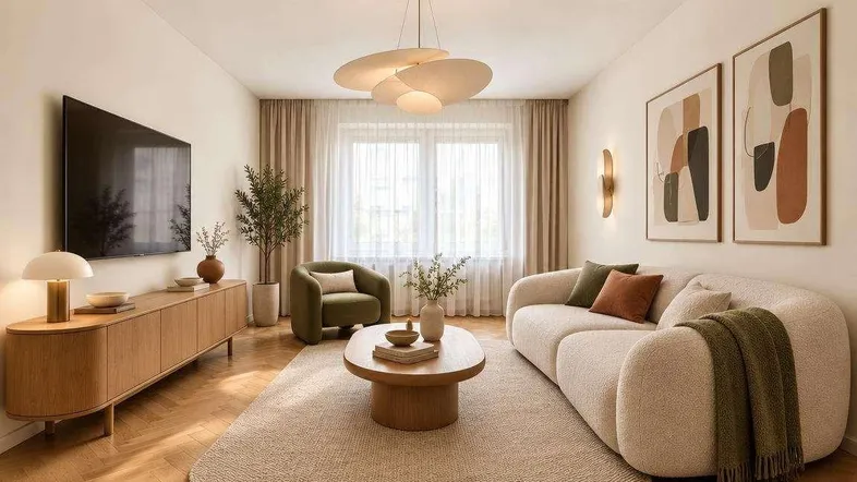 Helles Wohnzimmer mit modernem Design, bequemen Möbeln und Holzboden.