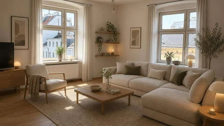 Helles und modern eingerichtetes Wohnzimmer mit großem Ecksofa, Holzboden und Blick auf die Stadt.