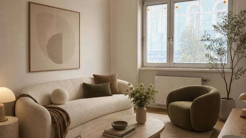 Helles Wohnzimmer mit modernem Sofa, ovalem Couchtisch und Fischgrätparkettboden.
