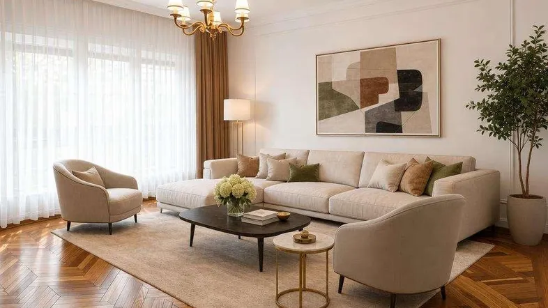 Helles Wohnzimmer mit modernem Sofa, Parkettboden und großen Fenstern, elegant eingerichtet.