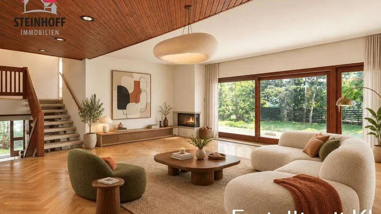 Geräumiges Wohnzimmer mit Kamin, großen Fenstern und direktem Zugang zum Garten.