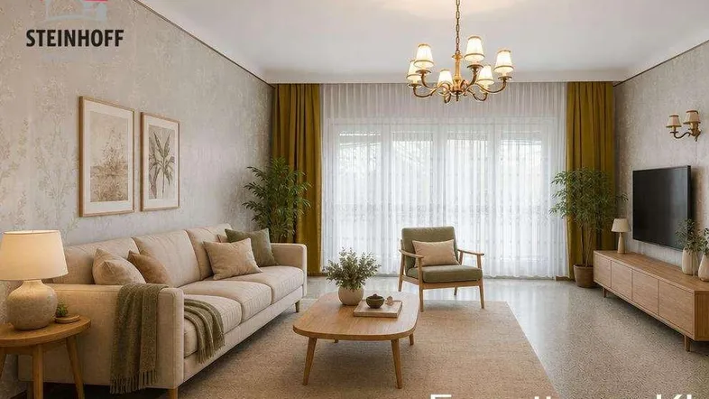 Helles Wohnzimmer mit beigem Sofa, modernem Couchtisch und großen Fenstern, die viel Tageslicht hereinlassen.