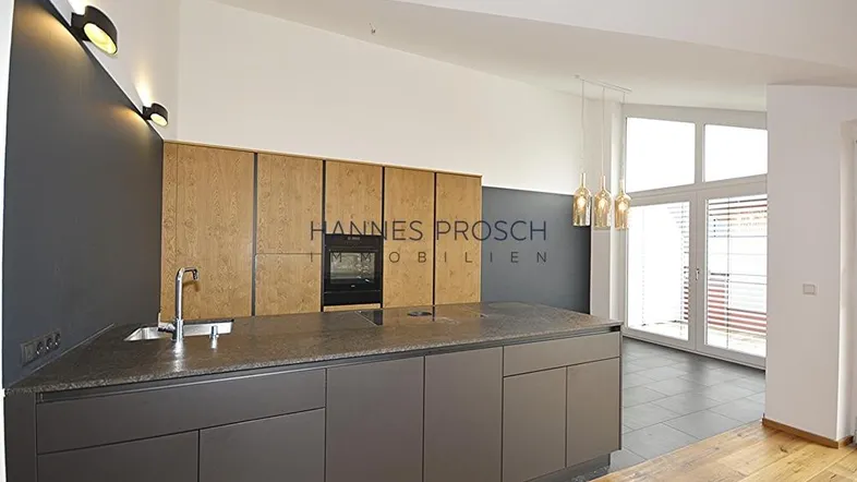 Moderne Küche mit Kücheninsel, integriertem Backofen und Holzelementen, offen zum Wohnbereich.