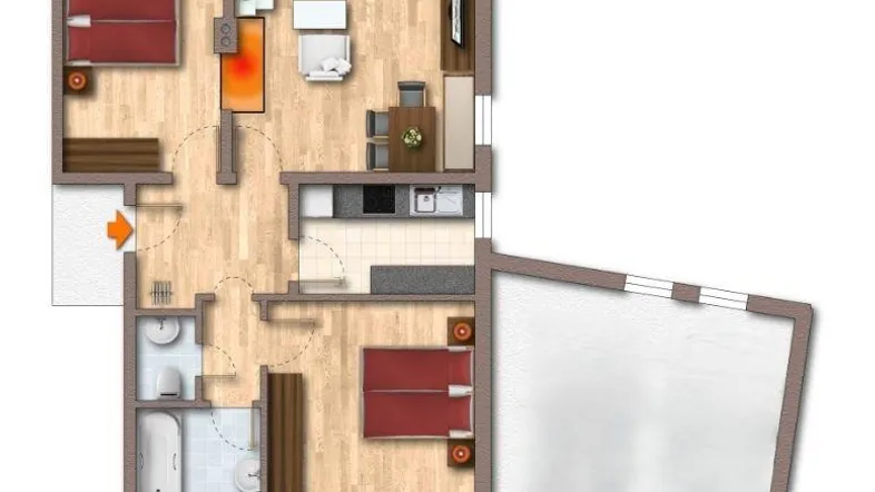 Grundriss einer Wohnung mit zwei Schlafzimmern, offenem Wohnbereich, Küche und Balkon.