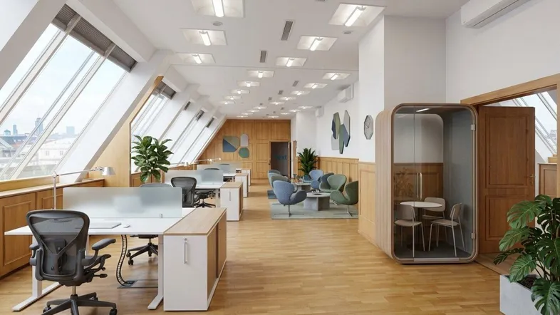 Modernes, virtuell eingerichtetes Büro mit schrägen Fenstern, Holzvertäfelung und Arbeitsplätzen.