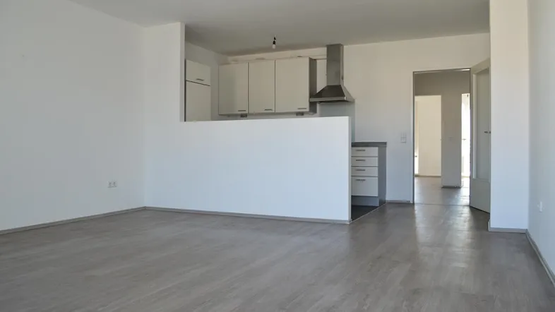 Heller offener Wohnbereich mit integrierter Küche und modernem Laminatboden, ideal für geselliges Beisammensein.