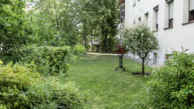 Gepflegter Gartenbereich mit Rasenfläche und üppiger Bepflanzung neben dem Gebäude.