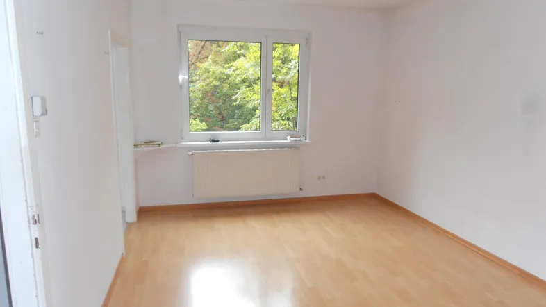 Helles Wohnzimmer mit Laminatboden und Blick ins Grüne durch das Fenster.