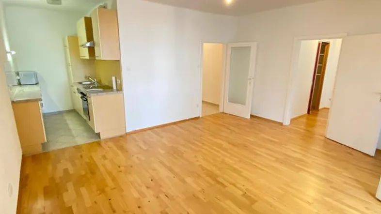 Helles Wohnzimmer mit Parkettboden und integrierter Küchenzeile, ideal für offenes Wohnen.