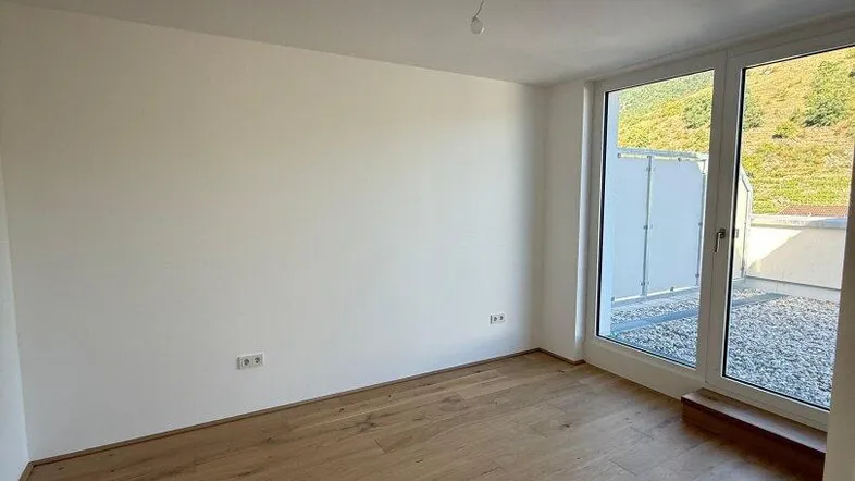 Heller, leerer Raum mit Holzdielenboden und großen Fenstern mit Zugang zur Terrasse.
