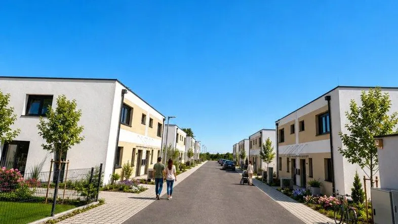 Moderne Reihenhäuser entlang einer ruhigen Straße unter klarem blauem Himmel mit gepflegten Grünflächen.