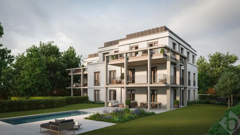 Moderne Wohnanlage mit großzügigen Terrassen, einem Pool und gepflegter Gartenlandschaft.