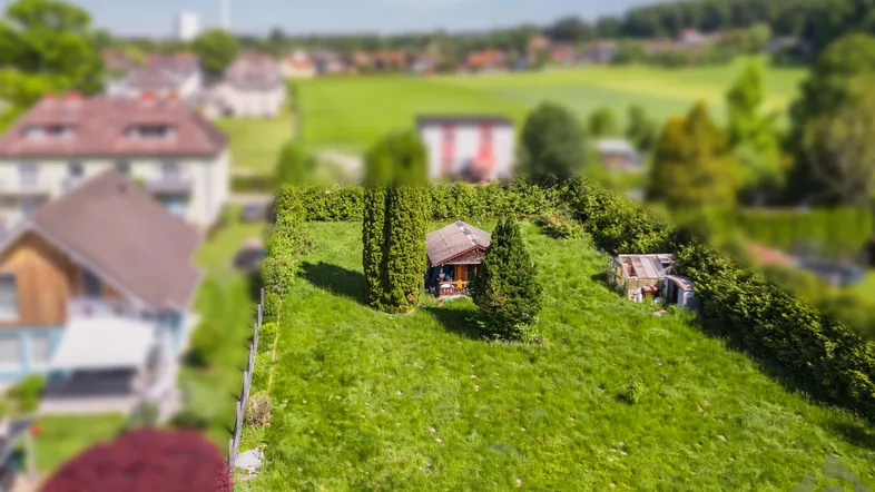 Luftaufnahme eines grünen Grundstücks mit einem kleinen Gartenhaus und Heckenbegrenzung.